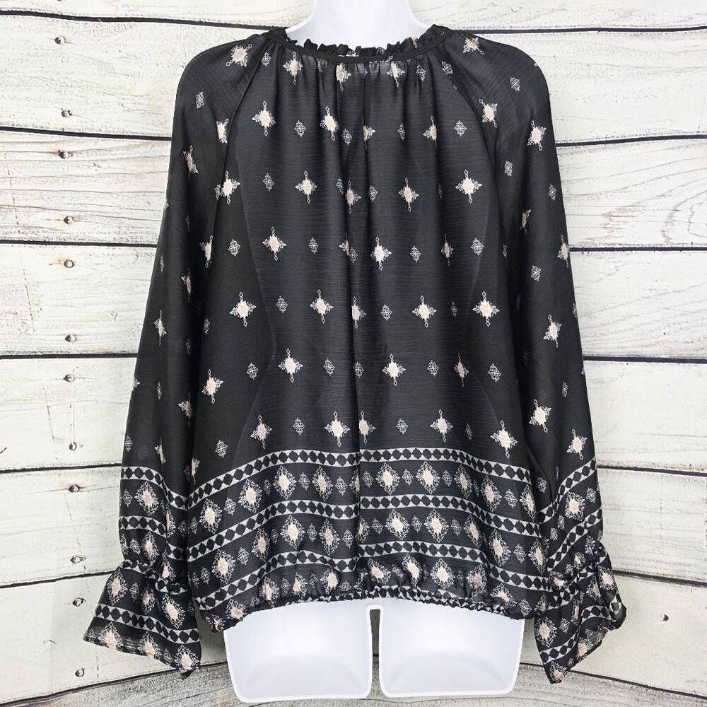 Cato Black Boho Border Print Peasant Top Medium - Picture 6 of 10